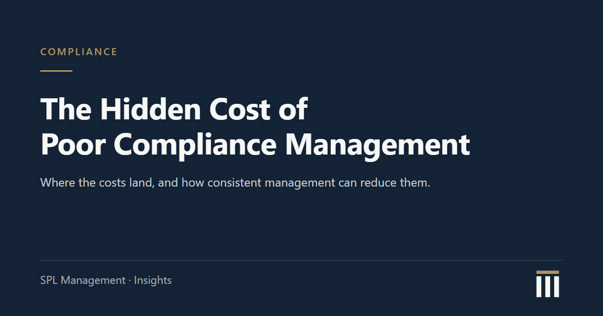 Navy blueprint-style card with the title The Hidden Cost of Poor Compliance Management, from SPL Management Insights.