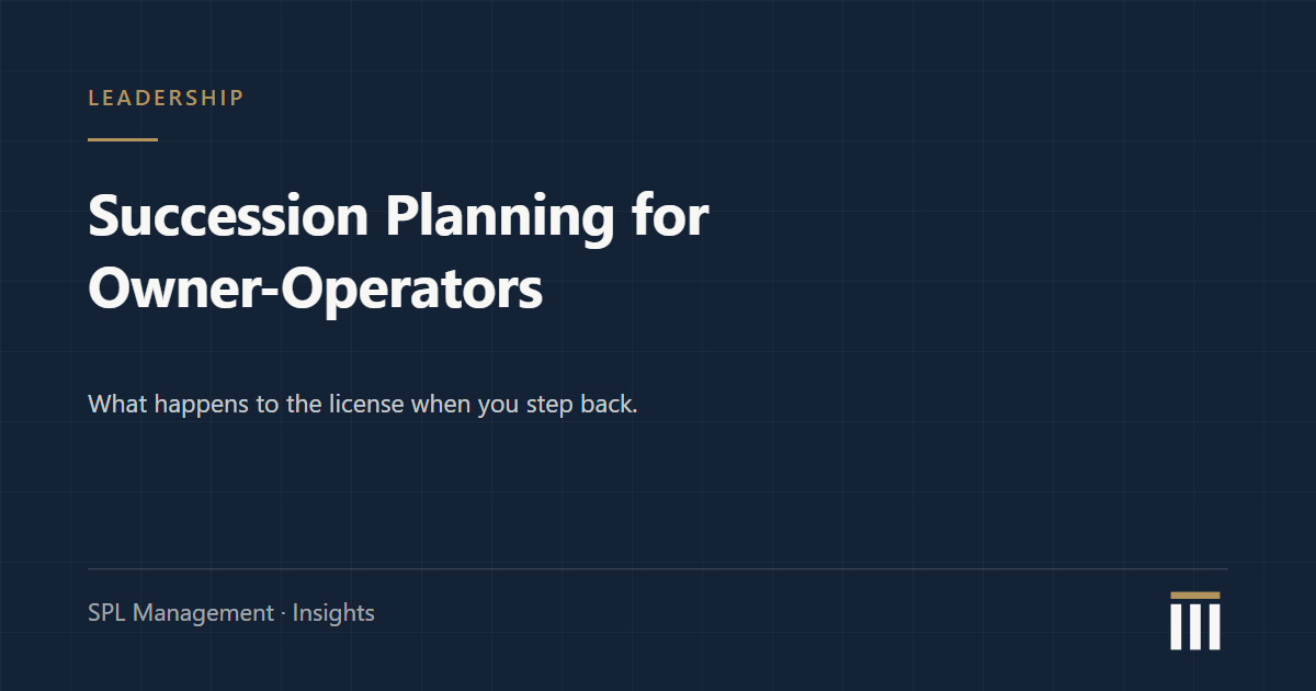 Navy blueprint-style card with the title Succession Planning for Owner-Operators, from SPL Management Insights.