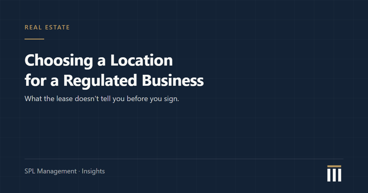 Navy blueprint-style card with the title Choosing a Location for a Regulated Business, from SPL Management Insights.