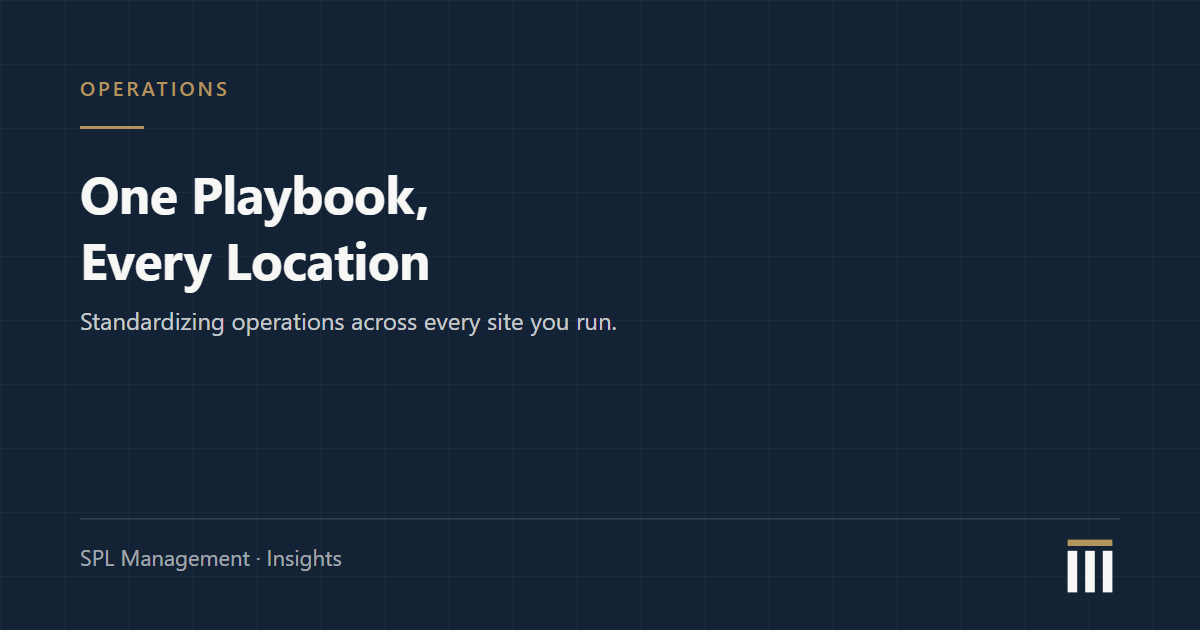 Navy blueprint-style card with the title One Playbook, Every Location, from SPL Management Insights.