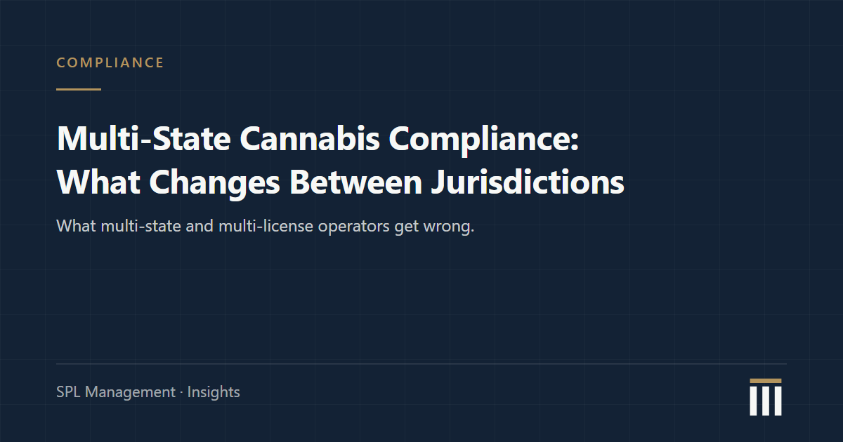 Navy blueprint-style card with the title Multi-State Cannabis Compliance: What Changes Between Jurisdictions, from SPL Management Insights.