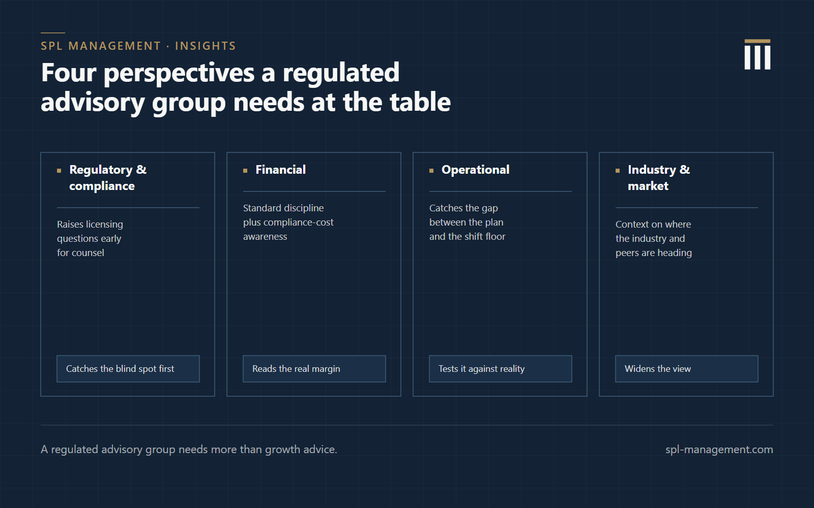 Grid showing four perspectives a regulated business's advisory group can cover: regulatory and compliance, financial, operational, and industry or market experience, each paired with what it contributes to a major decision.